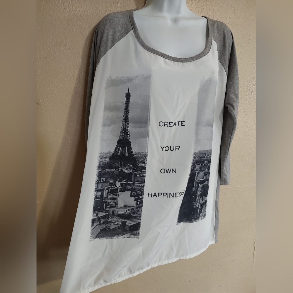 Maurices XLarge XXL White Gray Paris Create Your Own Happiness Knit Chiffon Top